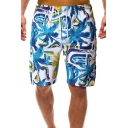 Trendy Drawstring Waist Fast Drying Male Letter Palm Tree Printed Swim Trunks with Cargo Pocket
