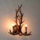 2 Lights Candle Sconce with Elk Horn Decoration Rustic Metal Wall Light Fixture in White/Bronze