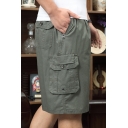 Men's Stylish Plain Drawstring Waist Embroidery Zip-Pockets Casual Relaxed Cotton Shorts