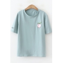 Cute Cartoon Peach Embroidered Short Sleeve Round Neck Cotton T-Shirt