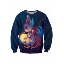 3D Comic Character Pattern Round Neck Long Sleeve Casual Blue Sweatshirt