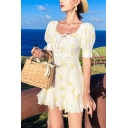 New Stylish Yellow Allover Cherry Printed Short Sleeve Mini A-Line Dress for Holiday