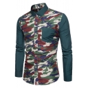 Men's New Trendy Camo Printed One Pocket Long Sleeve Slim Fit Button-Down Shirt