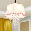 Traditional Tapered Pendant Lamp 4 Lights Fabric Chandelier with Clear Crystal in White and Pink