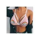 Fashion Color Block Embroidery Rainbow Letter OH YEAH Print Strapped Sexy Cami Bralet