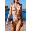 Fashion Butterfly Floral Printed Halter Neck Hollow Out Sexy Beach Bikini