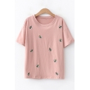 Academic Style Allover Bee Embroidered Round Neck Short Sleeve Cotton T-Shirt