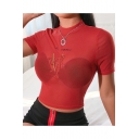 Women's Embroidered Letter Monster Print Mock Neck Short Sleeve Red Cropped Mesh T-Shi