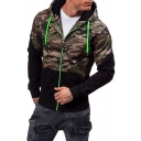 Mens New Stylish Camo Patched Slim Fit Zip Up Casual Hoodie