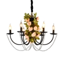 Colonial Candle Chandelier with Rose and Crystal Multi Light Suspended Light in Black with 19.5