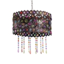 Vintage Bronze Pendant Lighting with Drum Shape Single Light Metal Hanging Lamp with Colorful Crystal