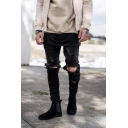 Street Hip Hop Style Knee Cut Distressed Stretch Fitted Black Jeans for Men
