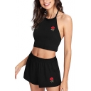 Sexy Embroidery Floral Halter Neck Cropped Cami Top Sports Elastic Waist Shorts Black Co-ords