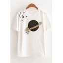 New Trendy Sequined Letter Planet Embroidered Short Sleeve Round Neck Loose Fit T-Shirt