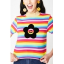 Trendy Rainbow Stripe Sunflower Printed Short Sleeves Mock Neck Cropped T-Shirt