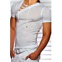 Men's Unique Cool Lace-Up Collar Short Sleeve Plain Slim Fit T-Shirt