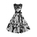 Women's Trendy Vintage Printed Lace Panel Sleeveless Bow-Tied Waist White Midi Fit and Flared Dress