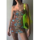 Sexy Fashion Butterfly Leopard Print Spaghetti Straps Tied Ruched Side Mini Bodycon Dress