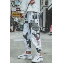 New Stylish Street Hip Hop Camo Printed Drawstring Waist Sport Casual White Cargo Pants for Guys