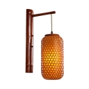 Cylinder Wall Lantern for Bar Restaurant Asian Hand Knitted  Wall Lamp in Brown, 23.5