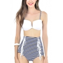 New Fashion Striped Print Spaghetti Straps Tassels Design High Waist Bottom Bikini
