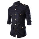 Fashion Plain Multiple Pockets Epaulet Three-Quarter Sleeve Stand-Collar Slim Fit Button-Up Work Shirt