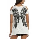 Women's Wing Letter ANGEL Printed Cold Shoulder Short Sleeve Asymmetrical Hem T-Shirt