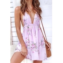 Women's Sexy Halter Neck Sleeveless Floral Printed Open Back Mini A-Line Dress