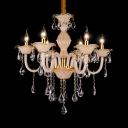 Candle Foyer Hanging Chandelier Clear Crystal 6 Lights Antique Chandelier with Adjustable Cord in Beige