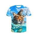 Men's Summer 3D Tiger Cat Printed Round Neck Short Sleeve Blue T-Shirt