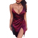 Women's Nightclub Sexy Plunge Neck Sleeveless Split Hem Burgundy Mini Slip Dress