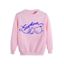 Letter SEVENTEEN Handshake Gesture Graphic Print Round Neck Long Sleeve Pullover Cotton Pink Sweatshirt