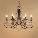 Vintage Black Chandelier with Candle and Clear Crystal 6/8/12 Lights Metal Pendant Lighting with 19.5