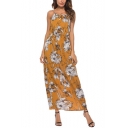 Summer New Stylish Floral Pattern Sleeveless Tied Front Elastic Waist Yellow Maxi A-Line Dress