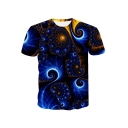 New Stylish 3D Unique Peacock Blue Whirlpool Galaxy Print Short Sleeve Casual T-Shirt