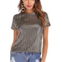 Cool Vertical Stripes Printed Short Sleeve Casual Gold T-Shirt