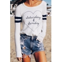 Cool Letter Heart Striped Print Round Neck Long Sleeve Hollow Out Back Casual White T-Shirt