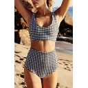 Sexy Fashion Plaid Pattern Sleeveless Tank Top High Waist Bottom Bikini
