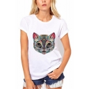 Fashionable Cat Tribal Printed Short Sleeve Round Neck Leisure White T-Shirt