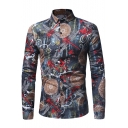 Retro Fashion Allover Dragonfly Floral Pattern Long Sleeve Mens Casual Button-Up Shirt