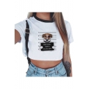 New Trendy Cute Dog Letter BAD DOG Printed Round Neck Short Sleeve Cropped White Graphic T-Shirt