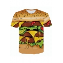 Cool 3D Hamburger Printed Round Neck Short Sleeve Yellow T-Shirt