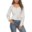 Fashion Classic Striped Pattern V Neck Oblique Buttons Placket Long Sleeve Tied Waist White Shirt