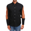 Men's Hip Hop Style Solid Cut Out Sleeve Button-Up Shirt