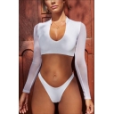 Simple Plain Mesh Long Sleeve Skinny Top Two-Piece Swimwear