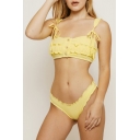 Fashionable Letter Printed Button Front Tied Straps Ruffle Design Yellow Bikini