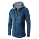 New Trendy Men's Patched Drawstring Hooded Plain Long Sleeve Slim Zip Up Blue Denim Jacket