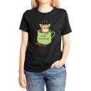 Cute Cartoon Animal Letter Cup Printed Round Neck Short Sleeve Cotton Tee