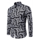 Fashion Whirlpool Printed Mens Popular Long Sleeve Black Button-Up Shirt
