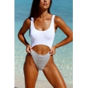 Sexy White Hollow Out Classic Stripes Printed Sleeveless One Piece Swimwear
